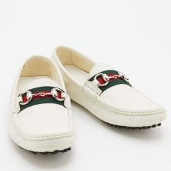 Pre Owned Gucci White Leather Web Horsebit Slip On Loafers Size 36.5