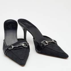 Pre Owned Gucci Black GG Canvas And Leather Horsebit Pointed Toe Mules Size 37