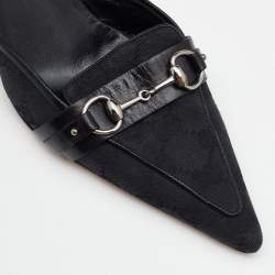 Pre Owned Gucci Black GG Canvas And Leather Horsebit Pointed Toe Mules Size 37