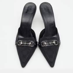 Pre Owned Gucci Black GG Canvas And Leather Horsebit Pointed Toe Mules Size 37