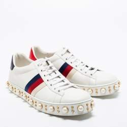 Gucci White Leather Faux Pearl Embellished Platform New Ace Low-Top Sneakers Size 38.5