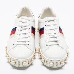 Gucci White Leather Faux Pearl Embellished Platform New Ace Low-Top Sneakers Size 38.5