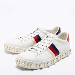Gucci White Leather Faux Pearl Embellished Platform New Ace Low-Top Sneakers Size 38.5