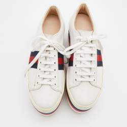 Gucci Off White Leather Peggy Web Detail Platform Sneakers Size 37