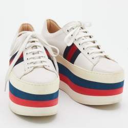 Gucci Off White Leather Peggy Web Detail Platform Sneakers Size 37