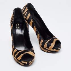 Pre Owned Gucci Brown/Black Calf Hair Betty Open Toe Platform Pump Size 36