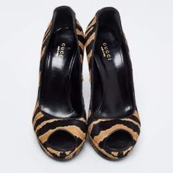 Pre Owned Gucci Brown/Black Calf Hair Betty Open Toe Platform Pump Size 36