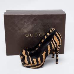Pre Owned Gucci Brown/Black Calf Hair Betty Open Toe Platform Pump Size 36