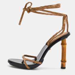 Pre Owned Gucci Beige Leather Bamboo Heel Ankle Wrap Sandals Size 38