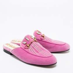 مملوكة مسبقًا حذاء مولز غوتشي فلات برنستاون قطيفة وردي فاتح مرصع كريستال مقاس 38.5