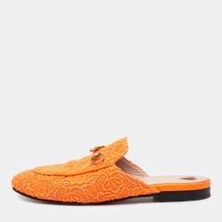 Pre Owned Gucci Neon Orange Lace Princetown Flat Mules Size 39