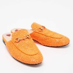 Pre Owned Gucci Neon Orange Lace Princetown Flat Mules Size 39