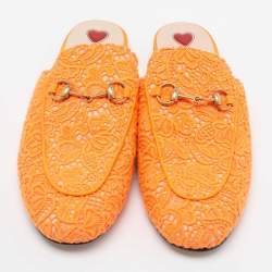 Pre Owned Gucci Neon Orange Lace Princetown Flat Mules Size 39