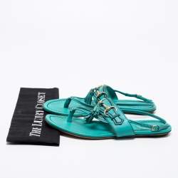 مملوكة مسبقًا صندل بإصبع غوتشي فلات جلد أزرق تركواز شراشيب مزين بشعار هورسبيت مقاس 38