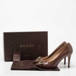 Pre Owned Gucci Dark Beige Guccissima Patent Leather New Hollywood Horsebit Peep Toe Pumps Size 37.5
