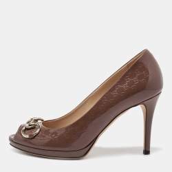 Pre Owned Gucci Dark Beige Guccissima Patent Leather New Hollywood Horsebit Peep Toe Pumps Size 37.5