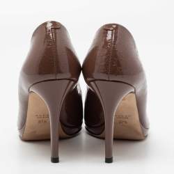 Pre Owned Gucci Dark Beige Guccissima Patent Leather New Hollywood Horsebit Peep Toe Pumps Size 37.5