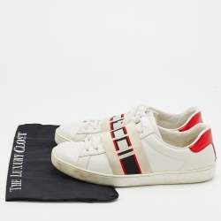 Gucci White/Red Leather New Ace Logo Strap Sneaker Size 35.5