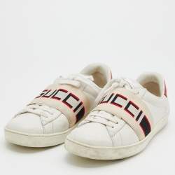 Gucci White/Red Leather New Ace Logo Strap Sneaker Size 35.5
