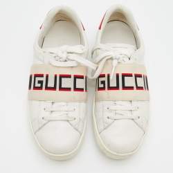 Gucci White/Red Leather New Ace Logo Strap Sneaker Size 35.5