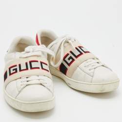 Gucci White/Red Leather New Ace Logo Strap Sneaker Size 35.5