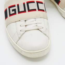 Gucci White/Red Leather New Ace Logo Strap Sneaker Size 35.5