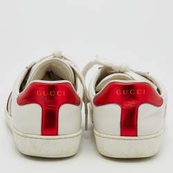 Gucci White/Red Leather New Ace Logo Strap Sneaker Size 35.5