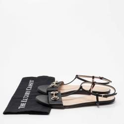 Gucci Black Leather Horsebit T-Strap Flat Sandals Size 38.5