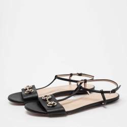 Gucci Black Leather Horsebit T-Strap Flat Sandals Size 38.5