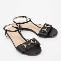 Gucci Black Leather Horsebit T-Strap Flat Sandals Size 38.5