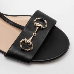 Gucci Black Leather Horsebit T-Strap Flat Sandals Size 38.5