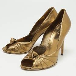 Pre Owned حذاء كعب عالي غوتشي جلد برونزي ميتاليك مقدمة مفتوحة بعقدة مقاس 39