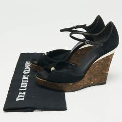 Gucci Black Suede Cork Wedge Platform Sandals Size 38