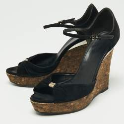 Gucci Black Suede Cork Wedge Platform Sandals Size 38
