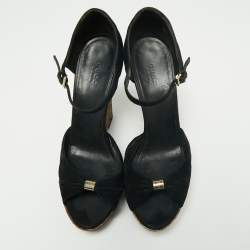 Gucci Black Suede Cork Wedge Platform Sandals Size 38