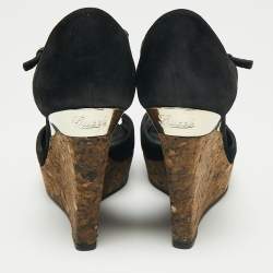 Gucci Black Suede Cork Wedge Platform Sandals Size 38