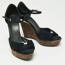 Gucci Black Suede Cork Wedge Platform Sandals Size 38