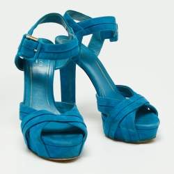 Gucci Blue Suede Ankle-Strap Platform Sandals Size 38