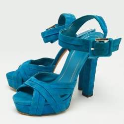 Gucci Blue Suede Ankle-Strap Platform Sandals Size 38