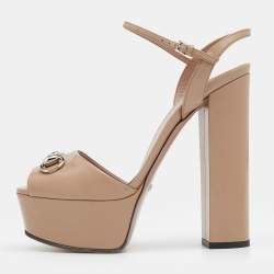 مملوكة مسبقًا Gucci Beige Leather Claudie Horsebit Platform Block Heel Ankle Strap Sandals Size 38.5