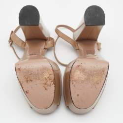 مملوكة مسبقًا Gucci Beige Leather Claudie Horsebit Platform Block Heel Ankle Strap Sandals Size 38.5