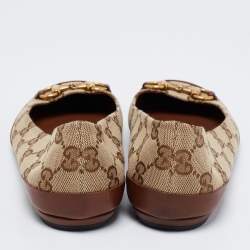 Pre Owned Gucci Brown/Beige Leather and GG Canvas Horsebit Ballet Flats Size 35