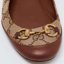 Pre Owned Gucci Brown/Beige Leather and GG Canvas Horsebit Ballet Flats Size 35