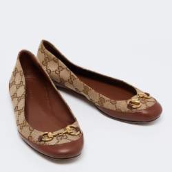 Pre Owned Gucci Brown/Beige Leather and GG Canvas Horsebit Ballet Flats Size 35