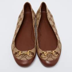 Pre Owned Gucci Brown/Beige Leather and GG Canvas Horsebit Ballet Flats Size 35