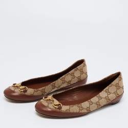 Pre Owned Gucci Brown/Beige Leather and GG Canvas Horsebit Ballet Flats Size 35