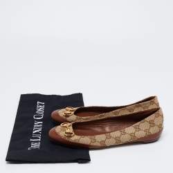 Pre Owned Gucci Brown/Beige Leather and GG Canvas Horsebit Ballet Flats Size 35