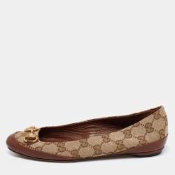 Pre Owned Gucci Brown/Beige Leather and GG Canvas Horsebit Ballet Flats Size 35