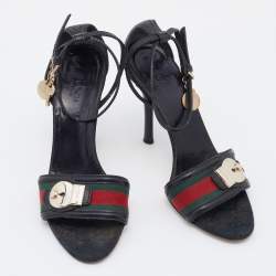 Gucci Black Leather Web Lock Charm Detail Ankle Strap Sandals Size 36.5