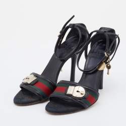 Gucci Black Leather Web Lock Charm Detail Ankle Strap Sandals Size 36.5